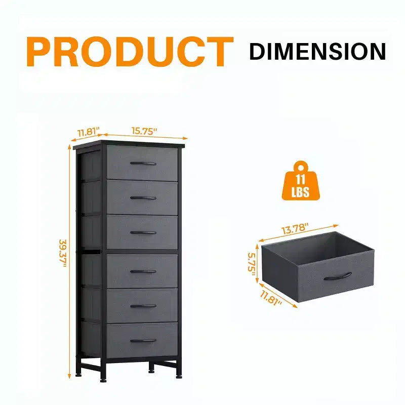 JIONJOY Armoire de rangement étroite à 6 tiroirs avec étagères ouvertes, pour chambre à coucher, salon, bureau, organisation – Tissu gris