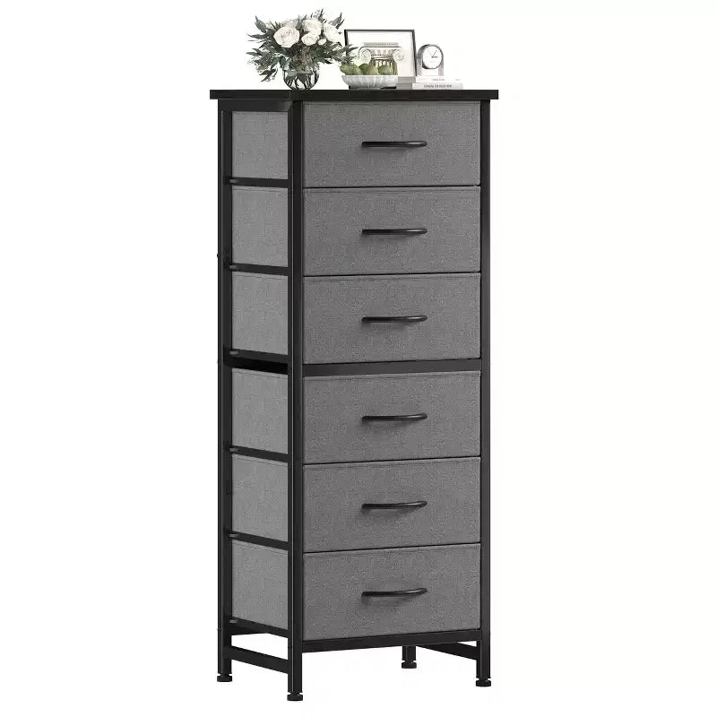JIONJOY Armoire de rangement étroite à 6 tiroirs avec étagères ouvertes, pour chambre à coucher, salon, bureau, organisation – Tissu gris