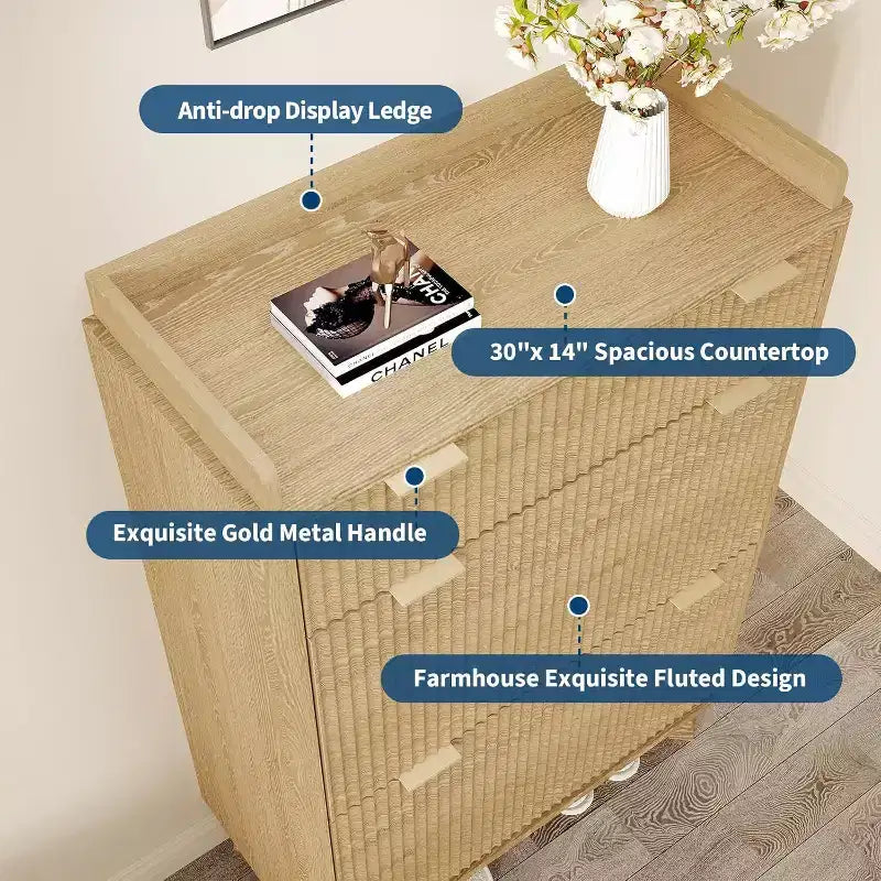Meuble à chaussures étroit GustoWave avec design cannelé, 2 tiroirs basculants et tiroir supérieur