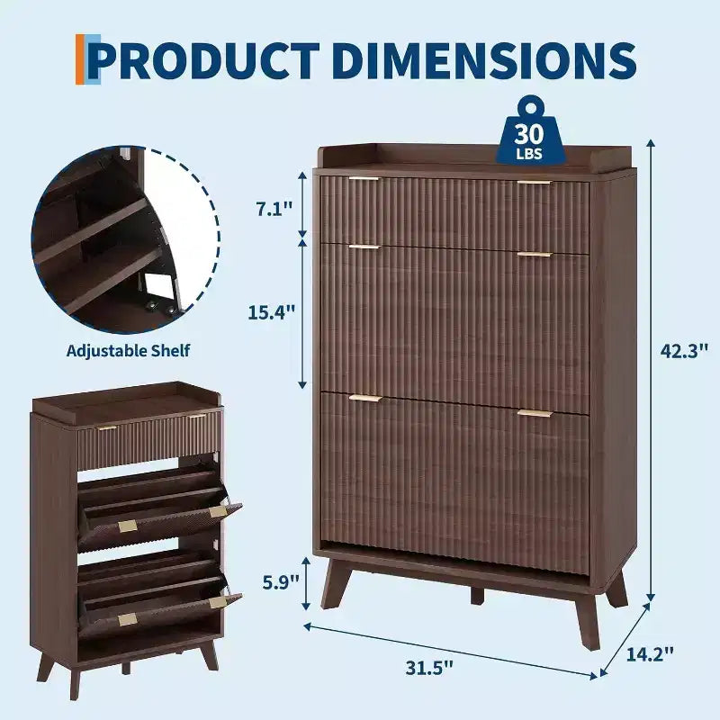 Meuble à chaussures étroit GustoWave avec design cannelé, 2 tiroirs basculants et tiroir supérieur
