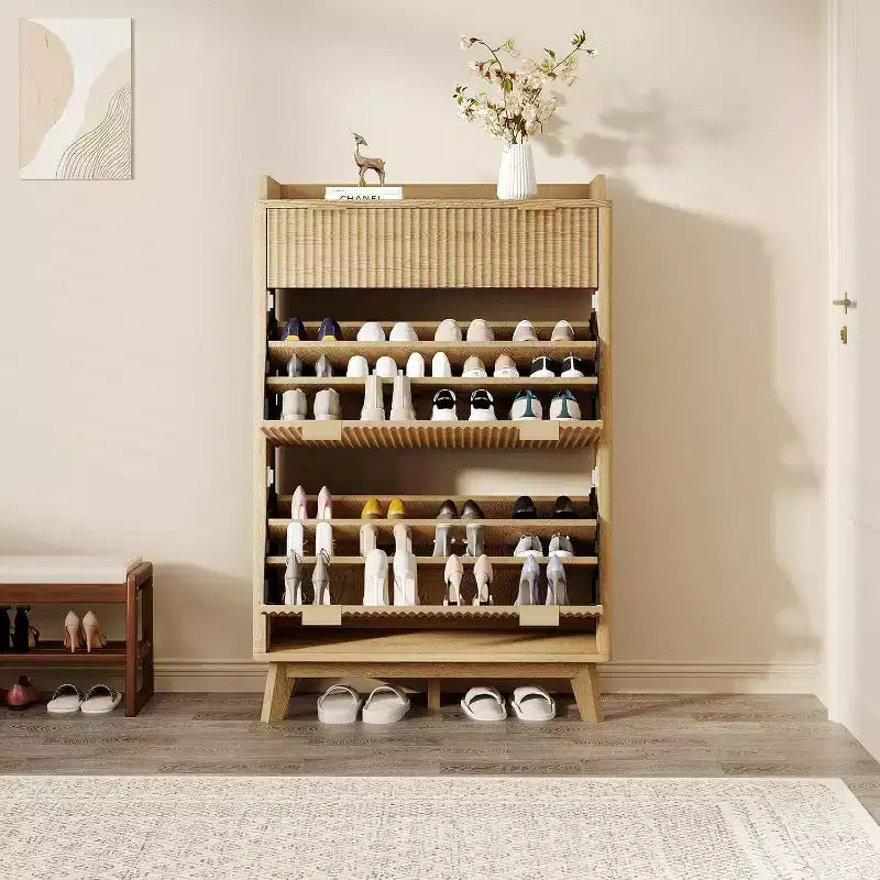 Meuble à chaussures étroit GustoWave avec design cannelé, 2 tiroirs basculants et tiroir supérieur