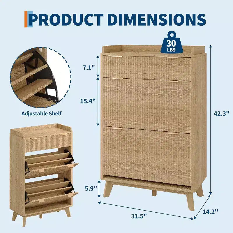 Meuble à chaussures étroit GustoWave avec design cannelé, 2 tiroirs basculants et tiroir supérieur