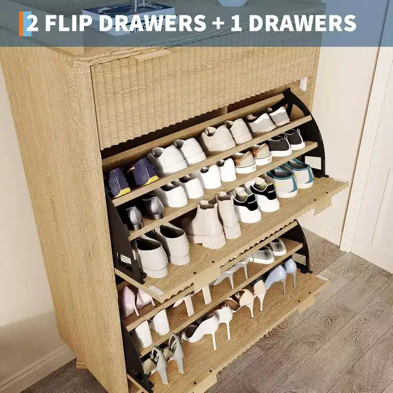 Meuble à chaussures étroit GustoWave avec design cannelé, 2 tiroirs basculants et tiroir supérieur