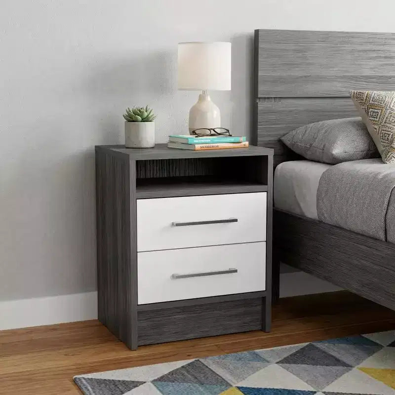 Table de chevet HomeRoots 20 en bois gris avec deux tiroirs