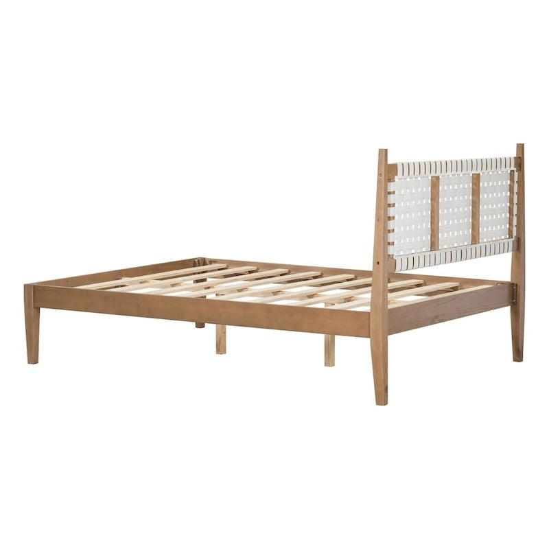 Lit plateforme Queen – Tête de lit en cuir tressé et cadre en bois massif