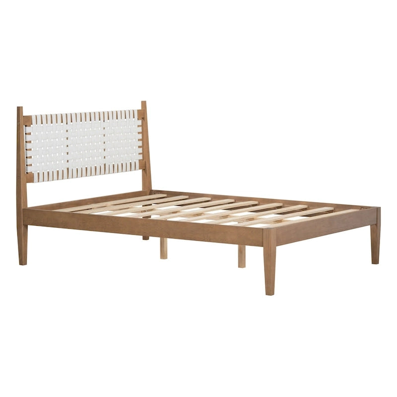 Lit plateforme Queen – Tête de lit en cuir tressé et cadre en bois massif