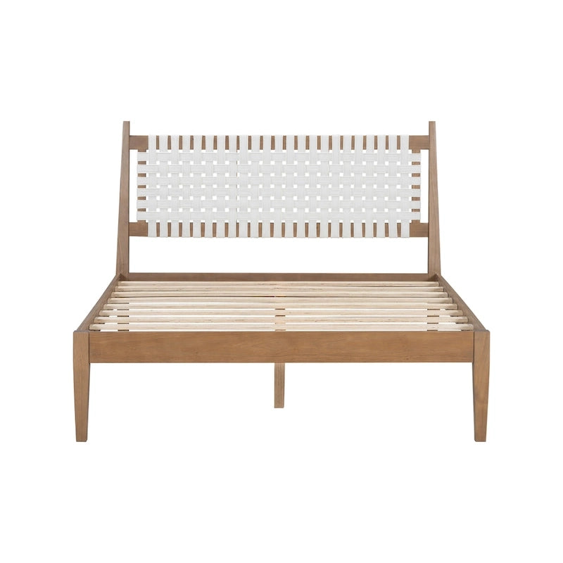 Lit plateforme Queen – Tête de lit en cuir tressé et cadre en bois massif