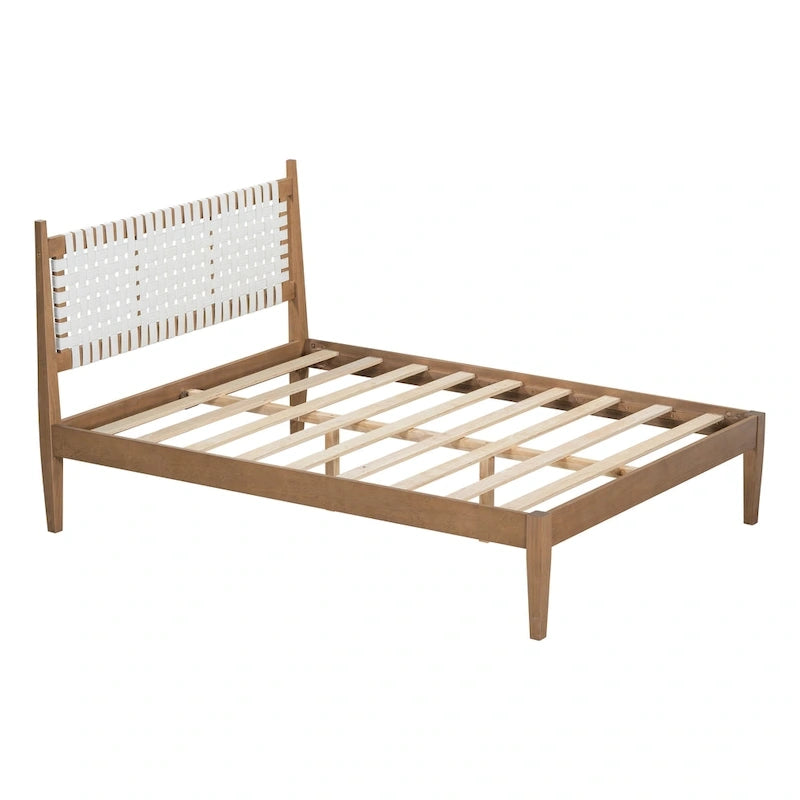 Lit plateforme Queen – Tête de lit en cuir tressé et cadre en bois massif