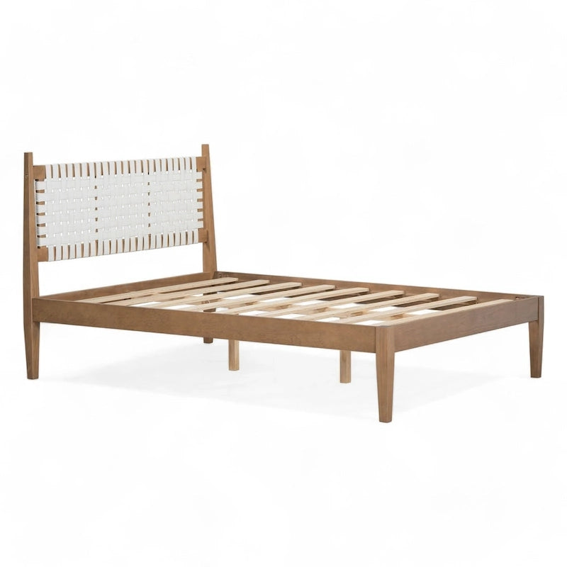 Lit plateforme Queen – Tête de lit en cuir tressé et cadre en bois massif