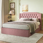 Cadre de lit capitonné Queen Size avec boutons en cristal, tête de lit à oreilles et rangement sous le lit, Rose