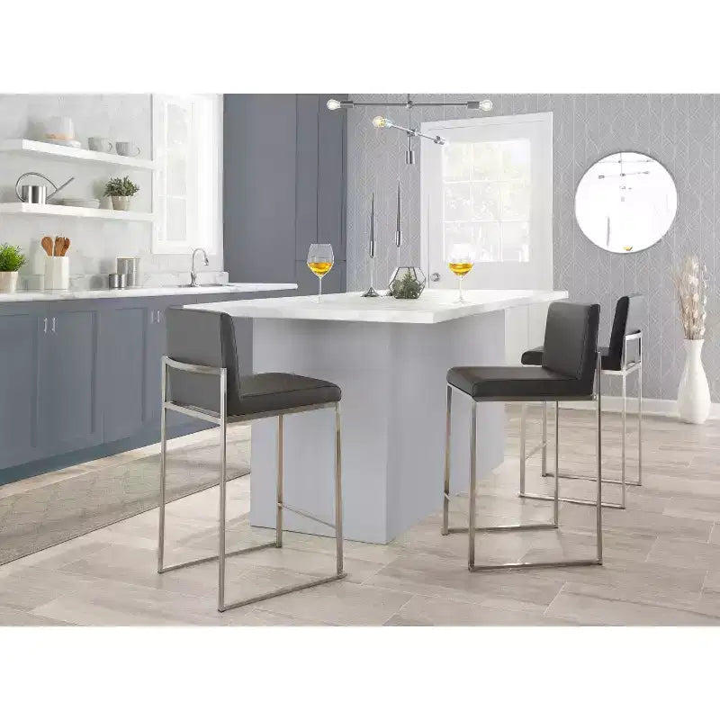 LumiSource Fuji Tabouret de bar dossier haut hauteur comptoir Acier inoxydable/PU gris