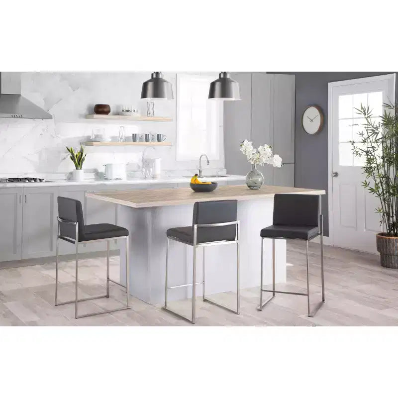 LumiSource Fuji Tabouret de bar dossier haut hauteur comptoir Acier inoxydable/PU gris