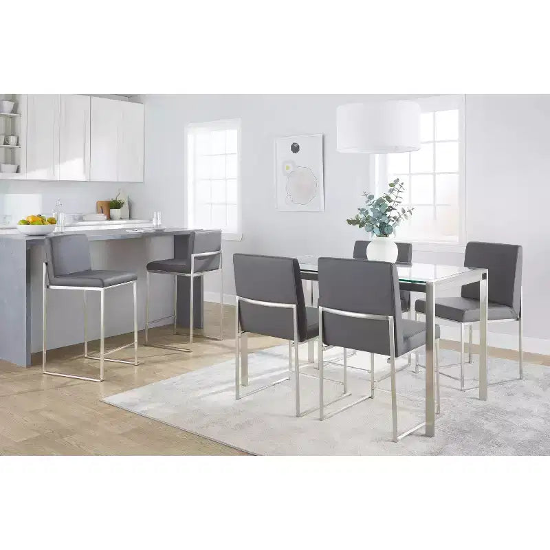 LumiSource Fuji Tabouret de bar dossier haut hauteur comptoir Acier inoxydable/PU gris