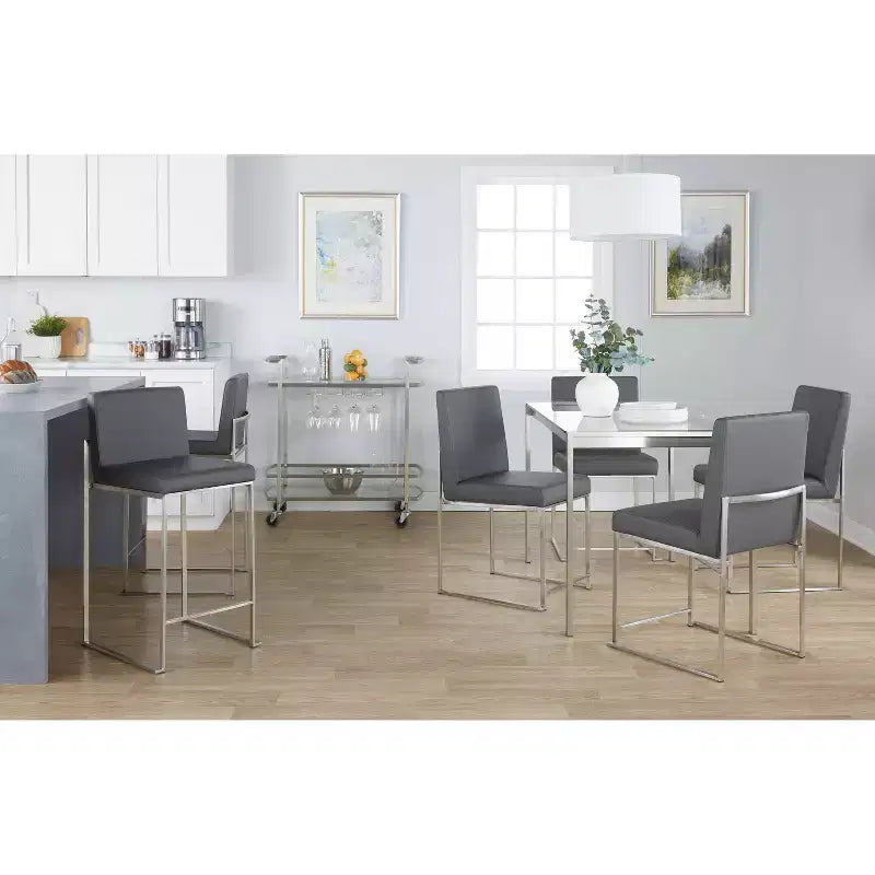 LumiSource Fuji Tabouret de bar dossier haut hauteur comptoir Acier inoxydable/PU gris