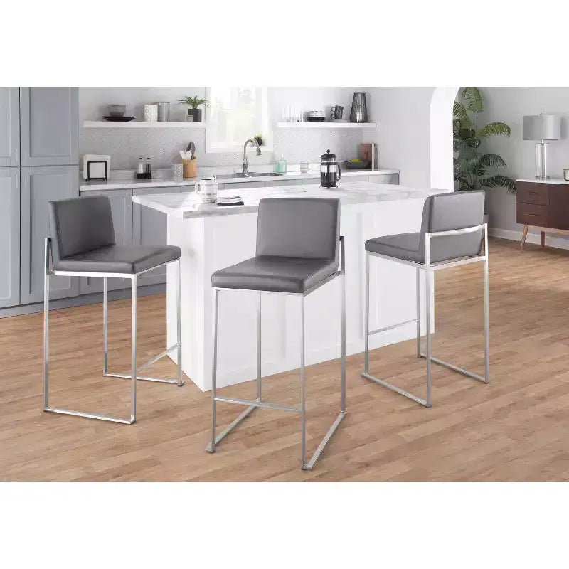 LumiSource Fuji Tabouret de bar dossier haut hauteur comptoir Acier inoxydable/PU gris
