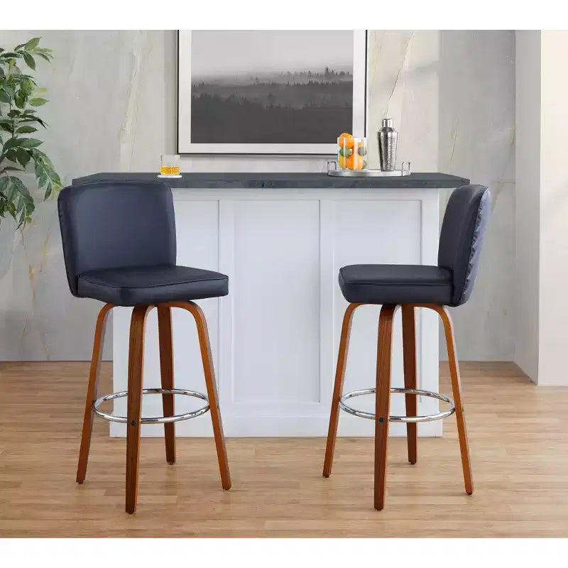 LumiSource Lot de 2 tabourets de bar Henry Bois de noyer/PU noir/Métal chromé