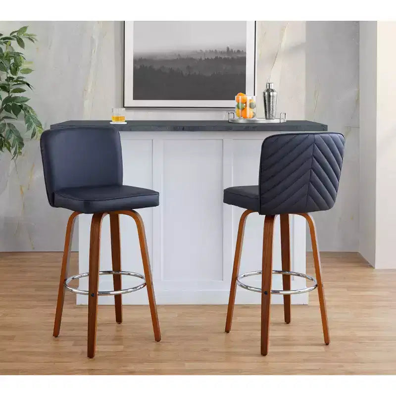 LumiSource Lot de 2 tabourets de bar Henry Bois de noyer/PU noir/Métal chromé