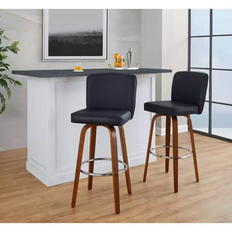LumiSource Lot de 2 tabourets de bar Henry Bois de noyer/PU noir/Métal chromé