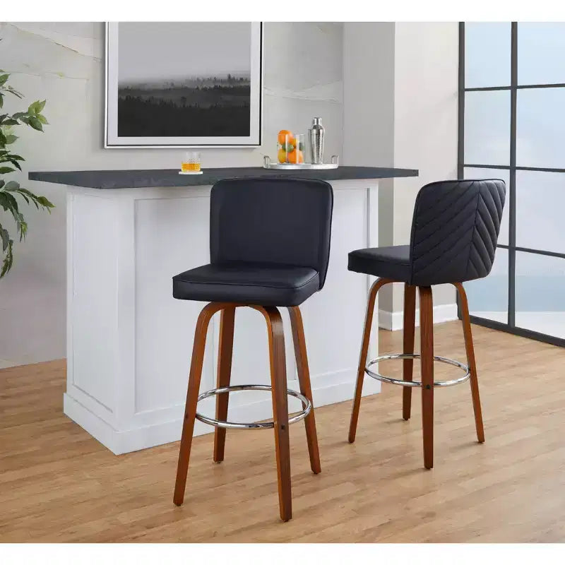 LumiSource Lot de 2 tabourets de bar Henry Bois de noyer/PU noir/Métal chromé
