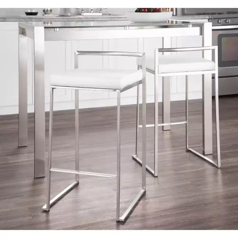 LumiSource Lot de 3 tabourets de bar hauteur comptoir Fuji Stacker Acier inoxydable/blanc