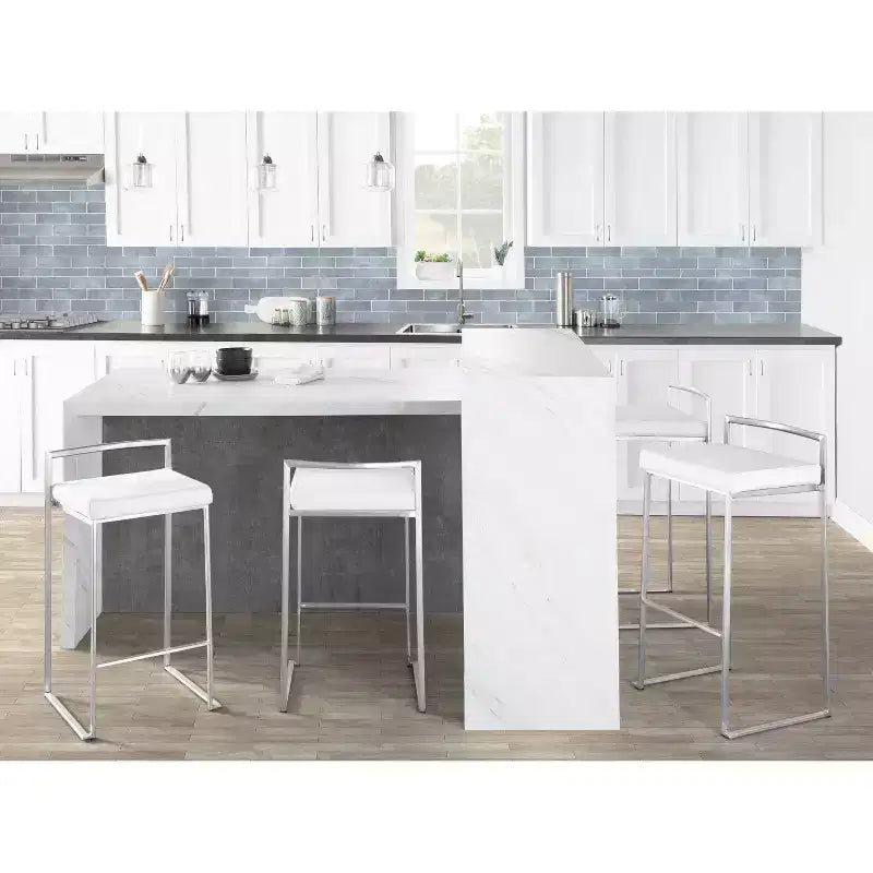 LumiSource Lot de 3 tabourets de bar hauteur comptoir Fuji Stacker Acier inoxydable/blanc