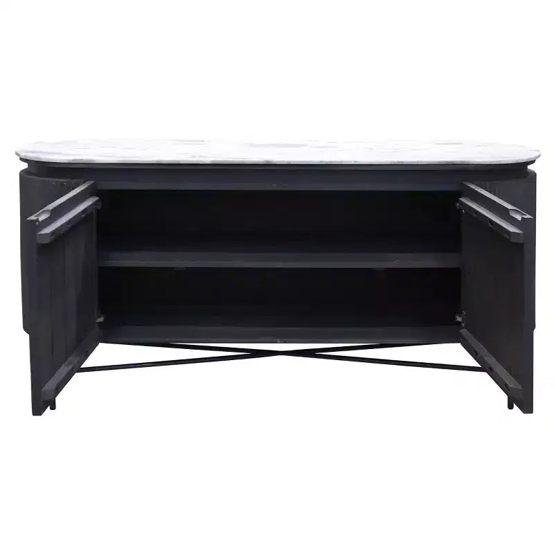 Buffet ovale en bois de manguier avec plateau en granit et pieds en métal Blanc/Anthracite - StyleCraft : Bois de manguier, Étagère fixe, Luxe