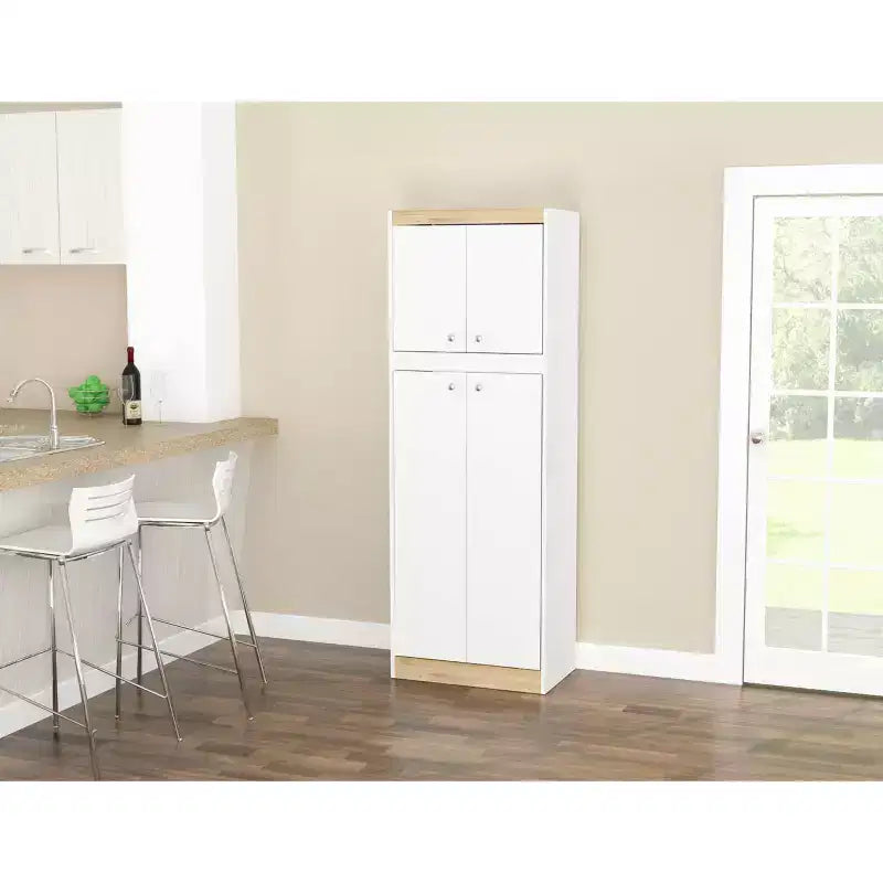 Meuble de rangement de cuisine à 4 portes Blanc/Chêne - Inval : Garde-manger moderne avec étagères réglables