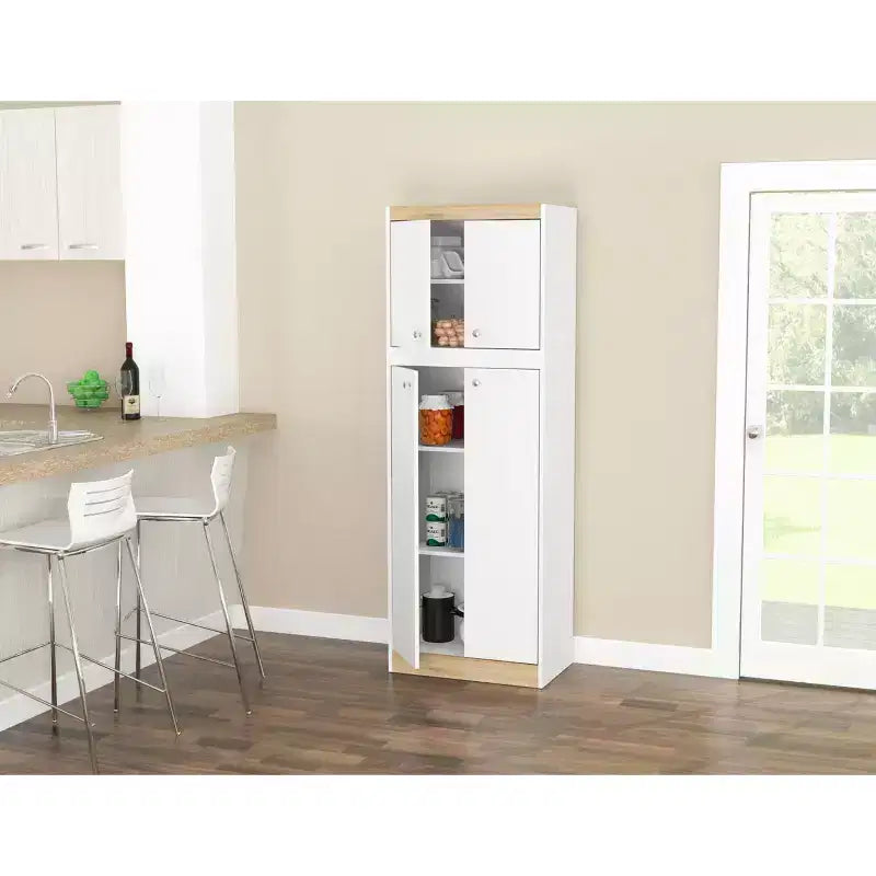 Meuble de rangement de cuisine à 4 portes Blanc/Chêne - Inval : Garde-manger moderne avec étagères réglables