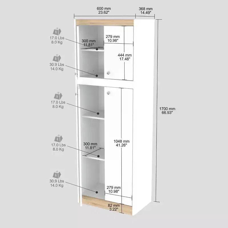 Meuble de rangement de cuisine à 4 portes Blanc/Chêne - Inval : Garde-manger moderne avec étagères réglables
