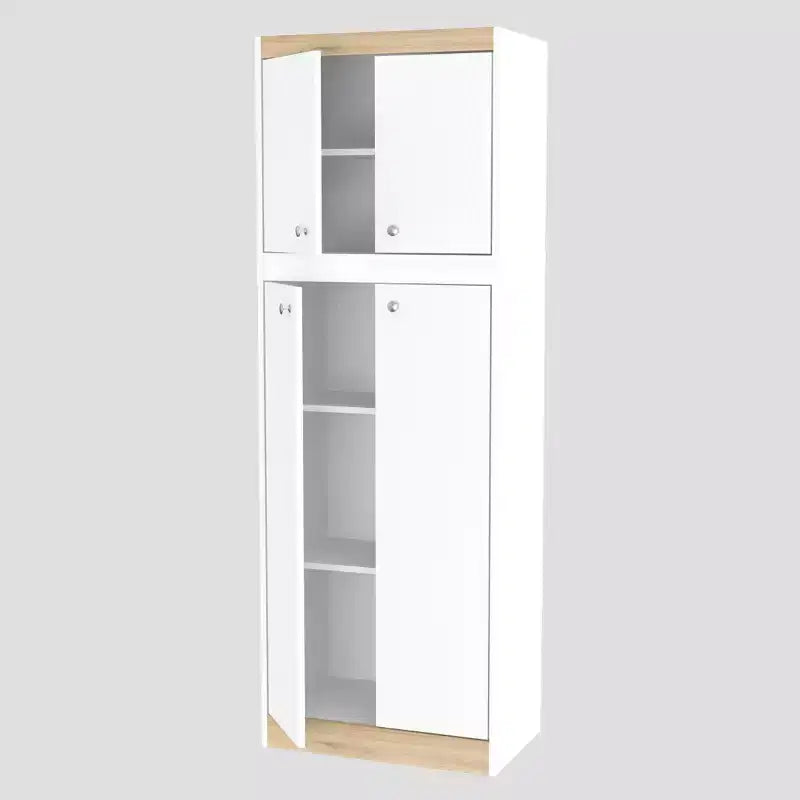 Meuble de rangement de cuisine à 4 portes Blanc/Chêne - Inval : Garde-manger moderne avec étagères réglables