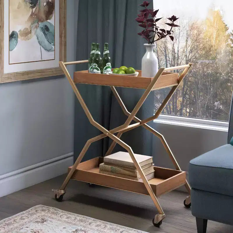 Jolie Chariot de Bar Doré - Adore Decor : Cadre en Acier Moderne, Plateau en Bois d'Hévéa, Desserte d'Intérieur pour Boissons