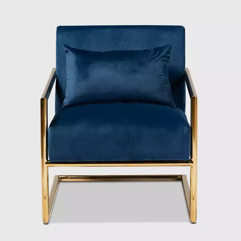 Fauteuil de salon en métal rembourré en velours Mira Bleu marine/Doré - Baxton Studio : Sièges moelleux pour bureau à domicile, aucun assemblage requis