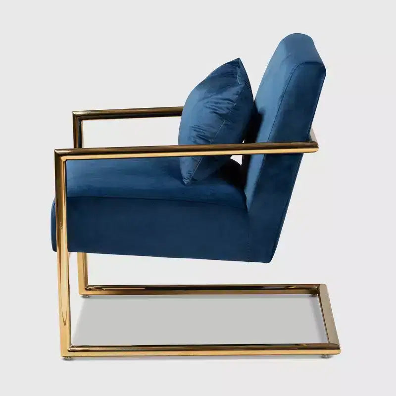 Fauteuil de salon en métal rembourré en velours Mira Bleu marine/Doré - Baxton Studio : Sièges moelleux pour bureau à domicile, aucun assemblage requis