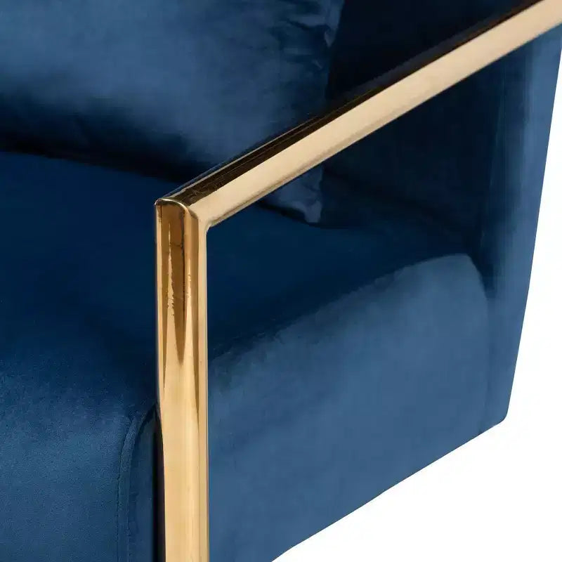 Fauteuil de salon en métal rembourré en velours Mira Bleu marine/Doré - Baxton Studio : Sièges moelleux pour bureau à domicile, aucun assemblage requis