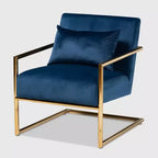 Fauteuil de salon en métal rembourré en velours Mira Bleu marine/Doré - Baxton Studio : Sièges moelleux pour bureau à domicile, aucun assemblage requis
