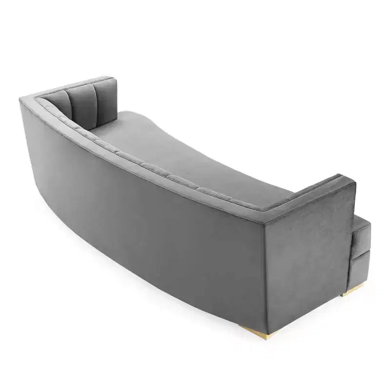 Canapé Courbe Enveloppant en Velours Performance Capitonnage Vertical Gris - Modway : Élégance Art Déco Glamour, Pieds en Acier Inoxydable Doré