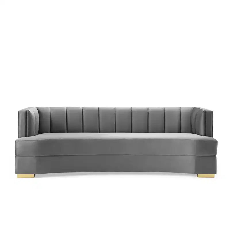 Canapé Courbe Enveloppant en Velours Performance Capitonnage Vertical Gris - Modway : Élégance Art Déco Glamour, Pieds en Acier Inoxydable Doré