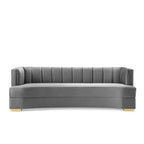 Canapé Courbe Enveloppant en Velours Performance Capitonnage Vertical Gris - Modway : Élégance Art Déco Glamour, Pieds en Acier Inoxydable Doré
