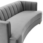 Canapé Courbe Enveloppant en Velours Performance Capitonnage Vertical Gris - Modway : Élégance Art Déco Glamour, Pieds en Acier Inoxydable Doré