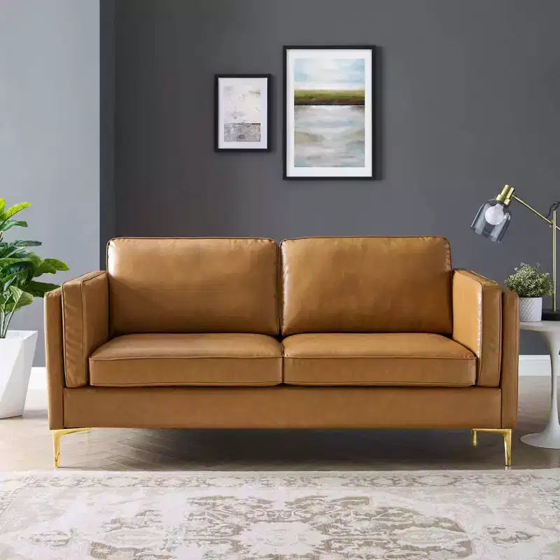 Canapé Kaiya en cuir végétalien (tanné) - Modway : Design moderne du milieu du siècle, touches de métal doré, rembourrage en mousse dense