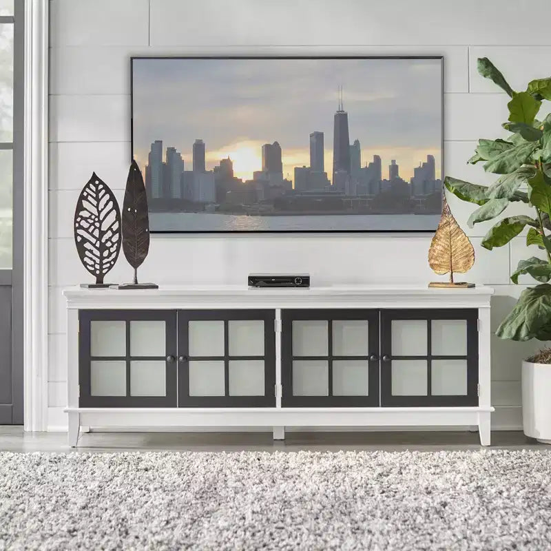 Meuble TV bilatéral Hampshire pour téléviseurs jusqu'à 55" blanc/noir : console multimédia avec étagères réglables, gestion des câbles