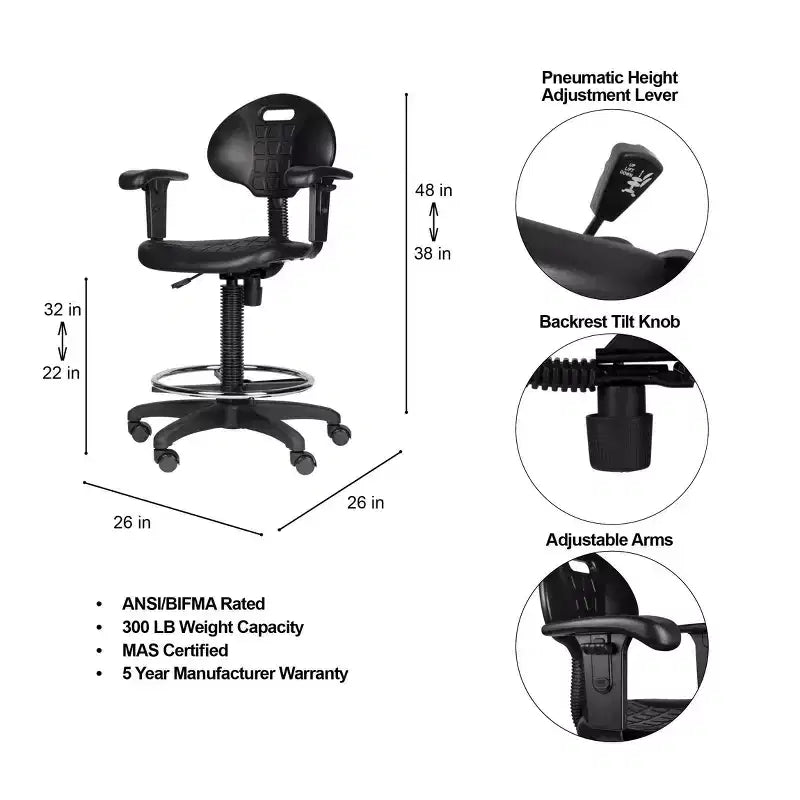 Chaise de bureau de travail en polyuréthane avec accoudoirs, hauteur réglable de 22 à 32 po, noire - Hampden Furnishings