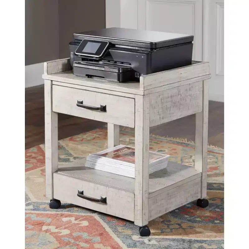 Meuble d'imprimante Carynhurst beige - Signature Design by Ashley : chariot mobile, 2 tiroirs, ports USB