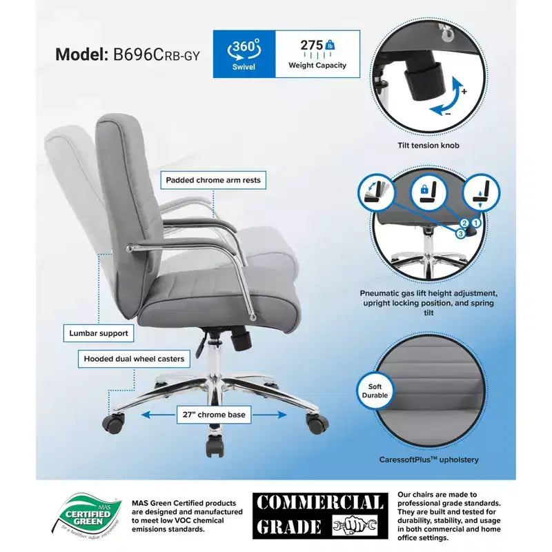 Chaise de conférence de direction grise - Boss Office Products : CaressoftPlus, Piètement chromé, Capacité de 125 kg