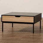 Table basse bicolore en bois chêne brun/noir - Baxton Studio : Design industriel carré, étagère ouverte, tiroir, salon