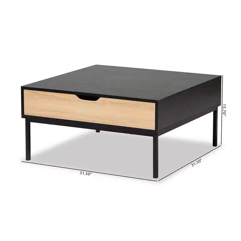 Table basse bicolore en bois chêne brun/noir - Baxton Studio : Design industriel carré, étagère ouverte, tiroir, salon