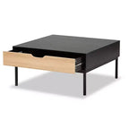 Table basse bicolore en bois chêne brun/noir - Baxton Studio : Design industriel carré, étagère ouverte, tiroir, salon
