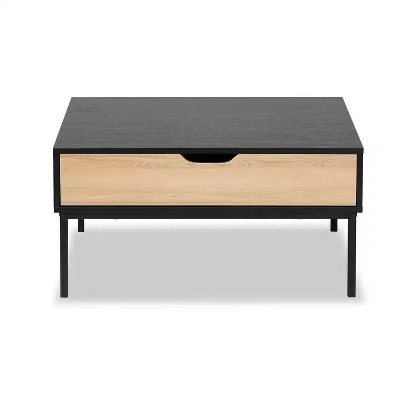 Table basse bicolore en bois chêne brun/noir - Baxton Studio : Design industriel carré, étagère ouverte, tiroir, salon