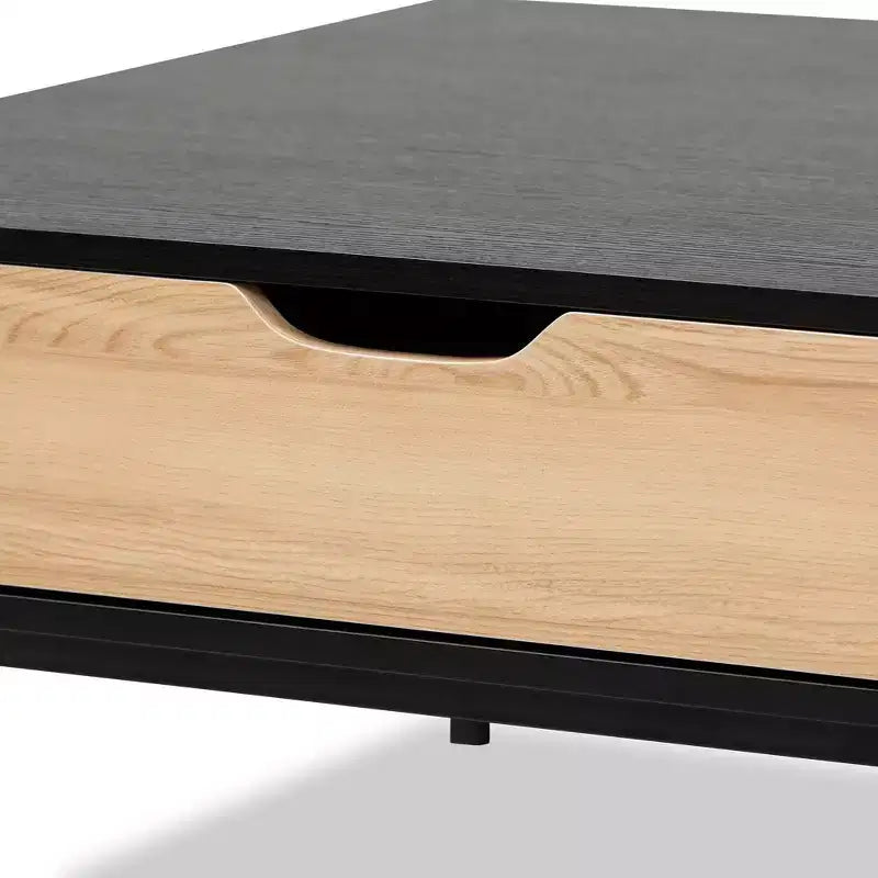 Table basse bicolore en bois chêne brun/noir - Baxton Studio : Design industriel carré, étagère ouverte, tiroir, salon