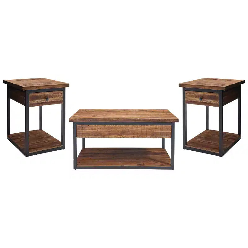 Claremont Rustic Wood Coffee Table and 2 End Tables Black - Alaterre Furniture: 3-Piece Set with Shelf & Drawers